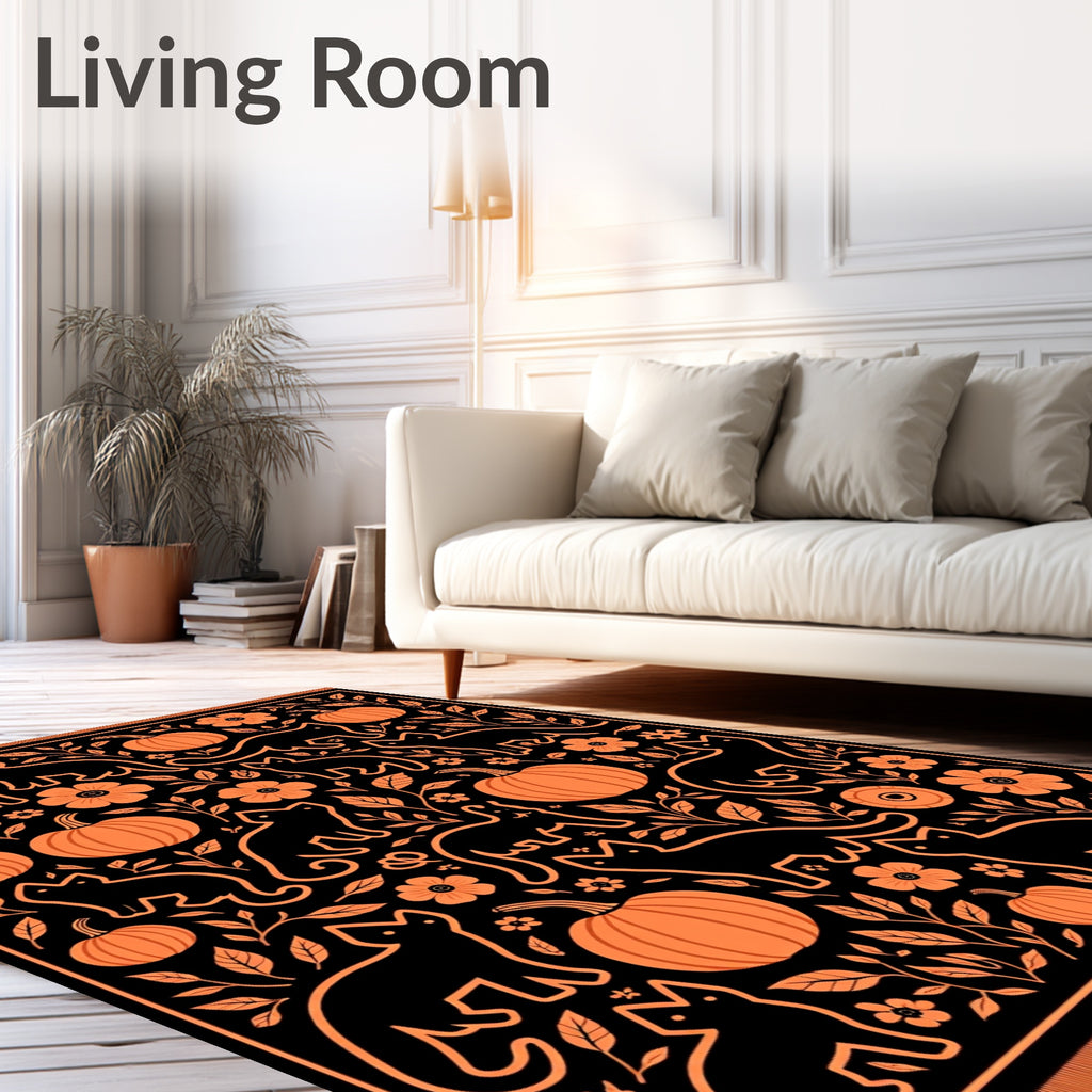 Black Orange Cat Pumpkin Floral Whimsical Rug