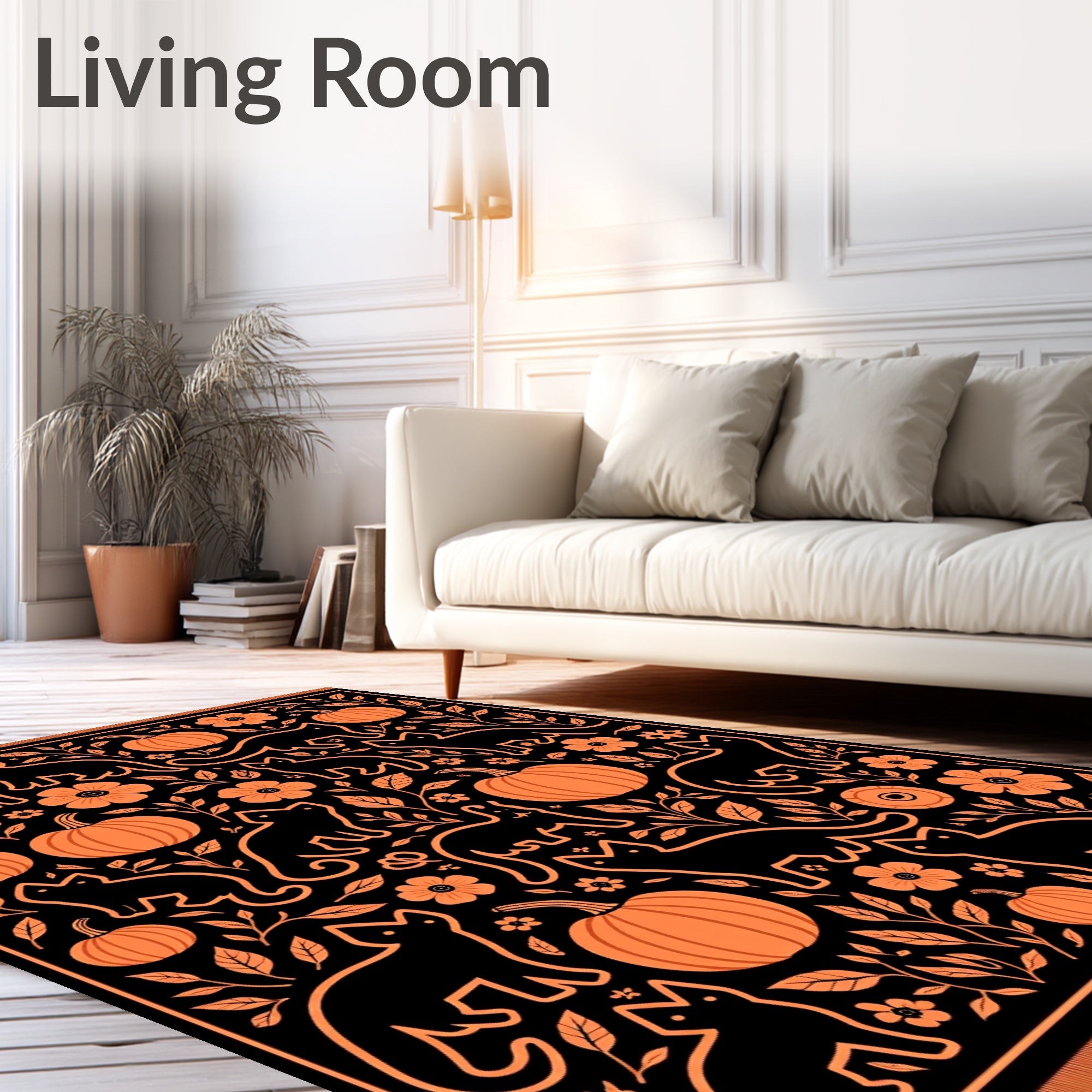 Black Orange Cat Pumpkin Floral Whimsical Rug