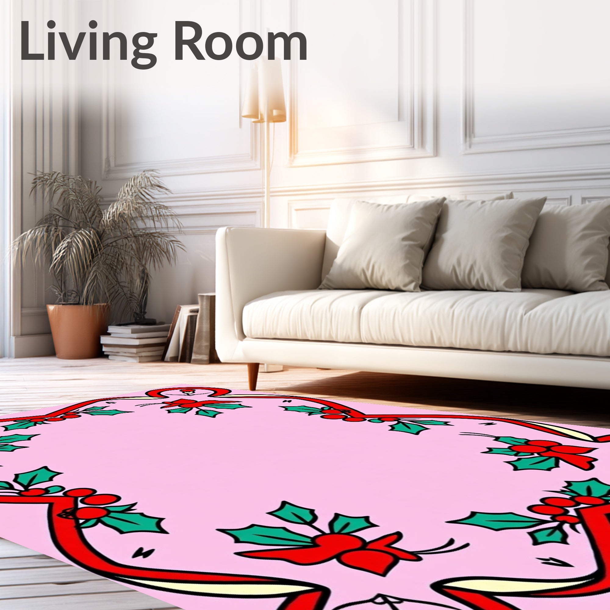 Festive Red Ribbon Holly Accents Rug
