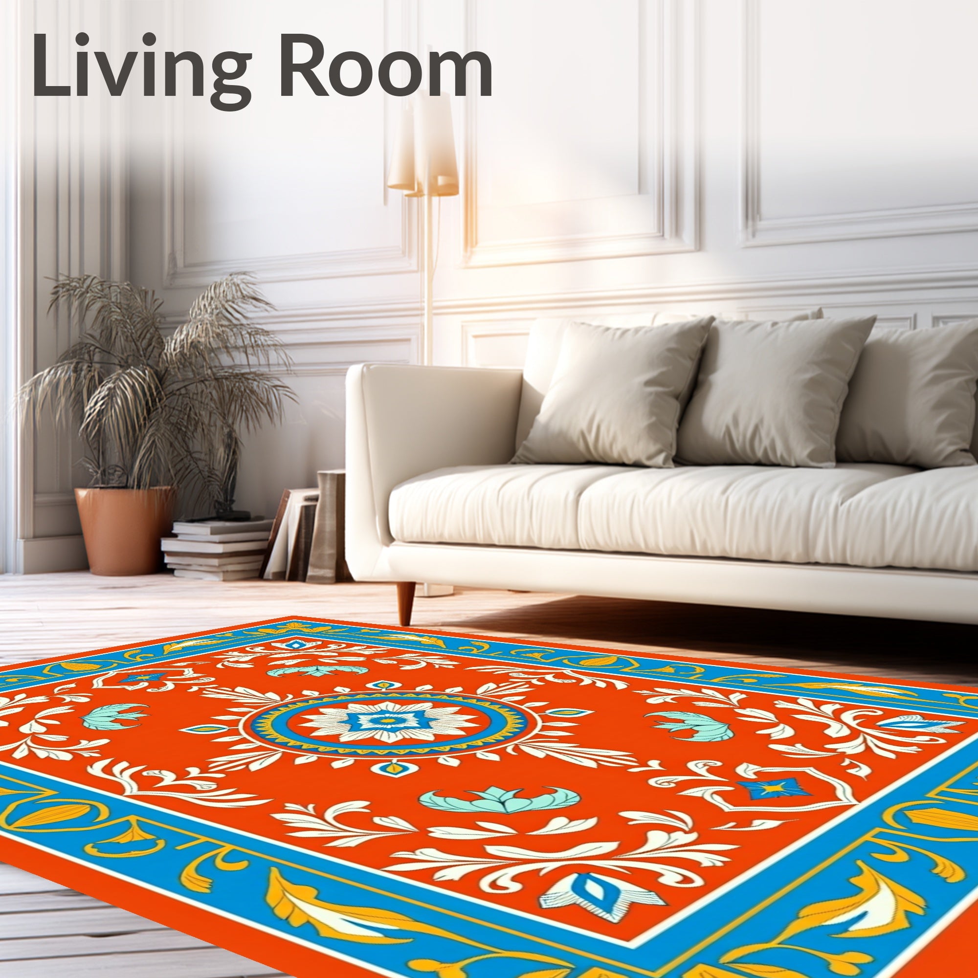 Vibrant Orange Floral Medallion Border Rug