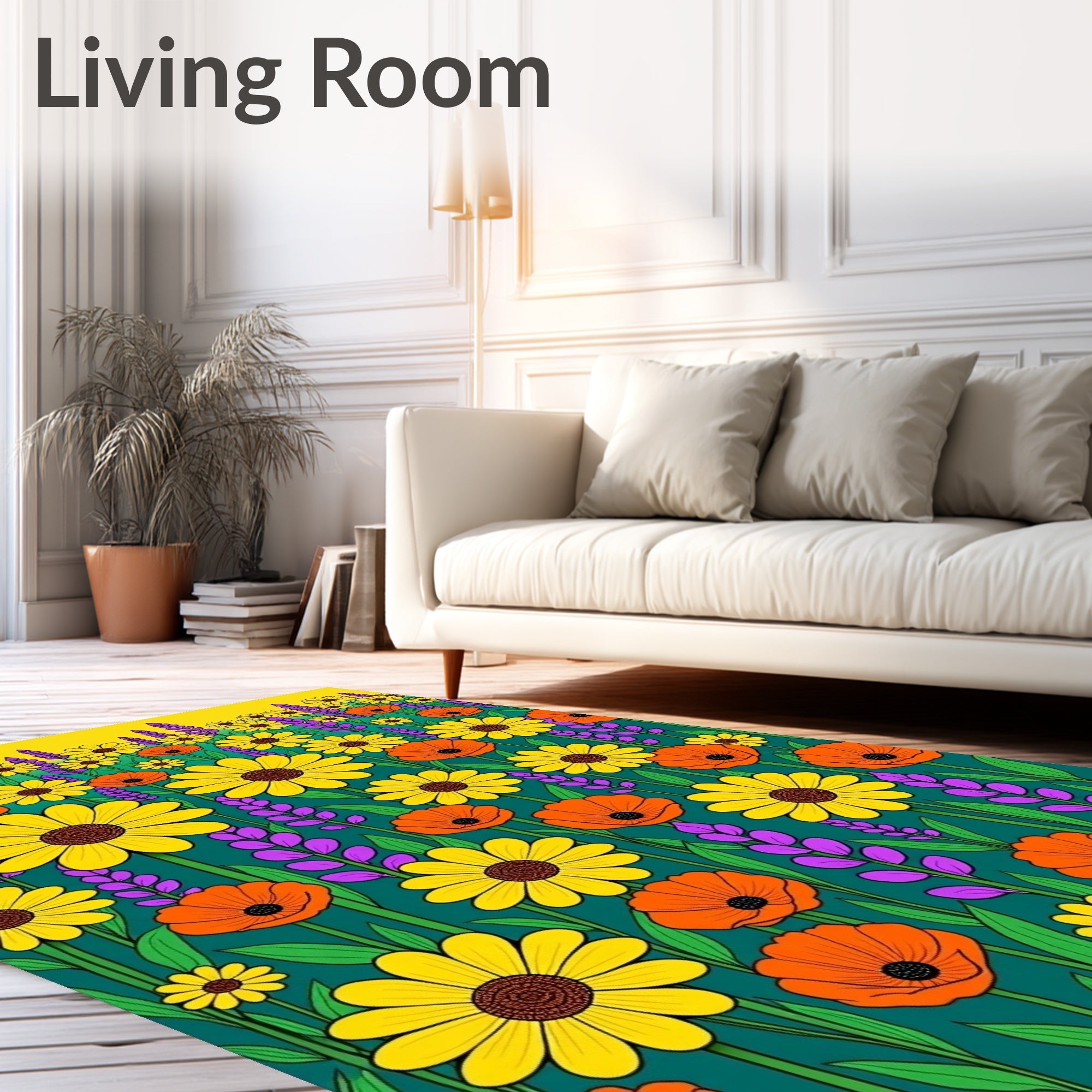Sunny Yellow Orange Floral Field Rug