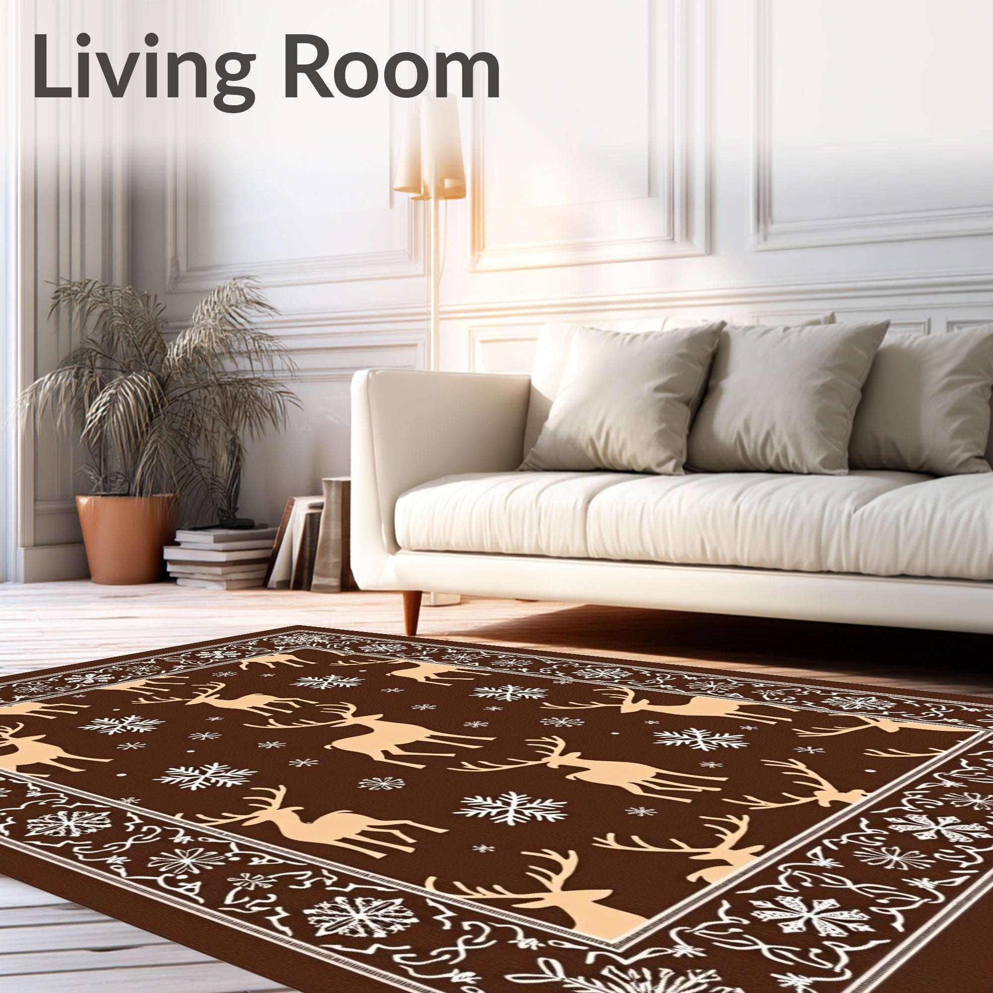 Brown Tan Reindeer Snowflake Border Rug