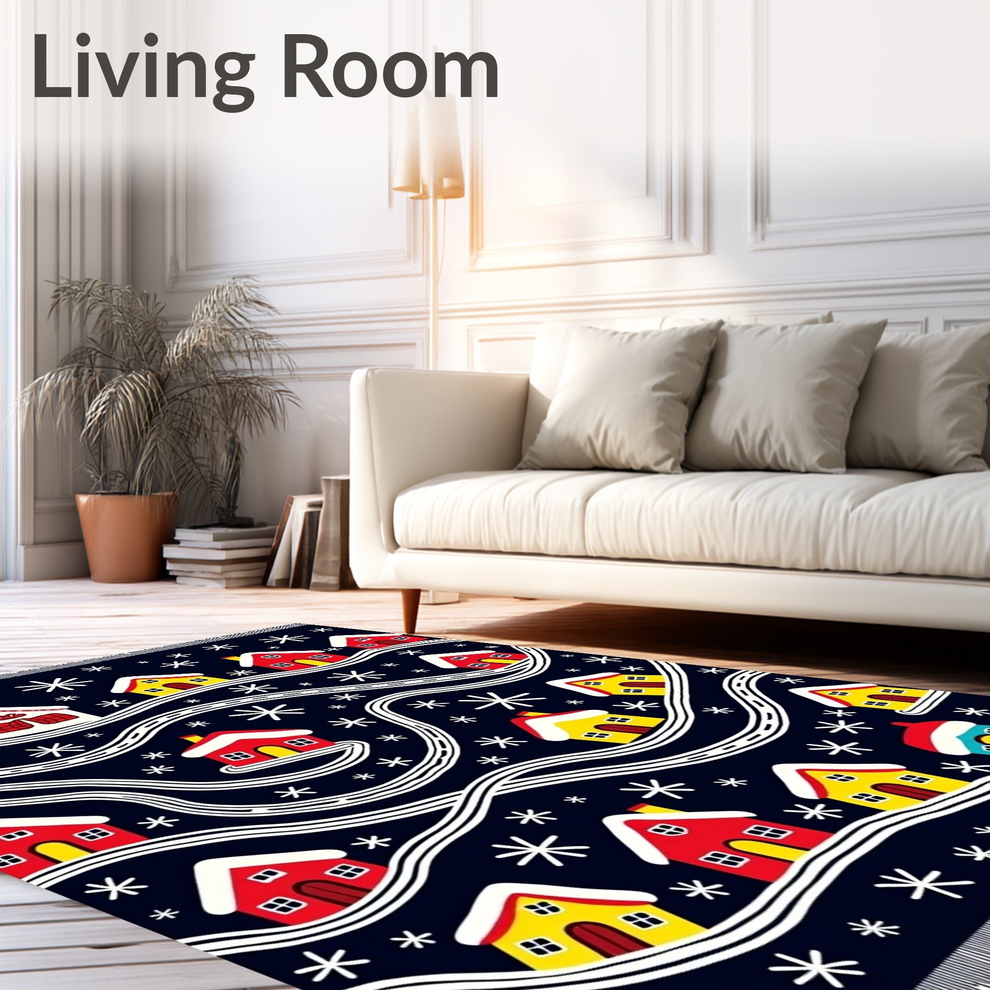 Cozy Red Yellow Houses Snowflakes Rug