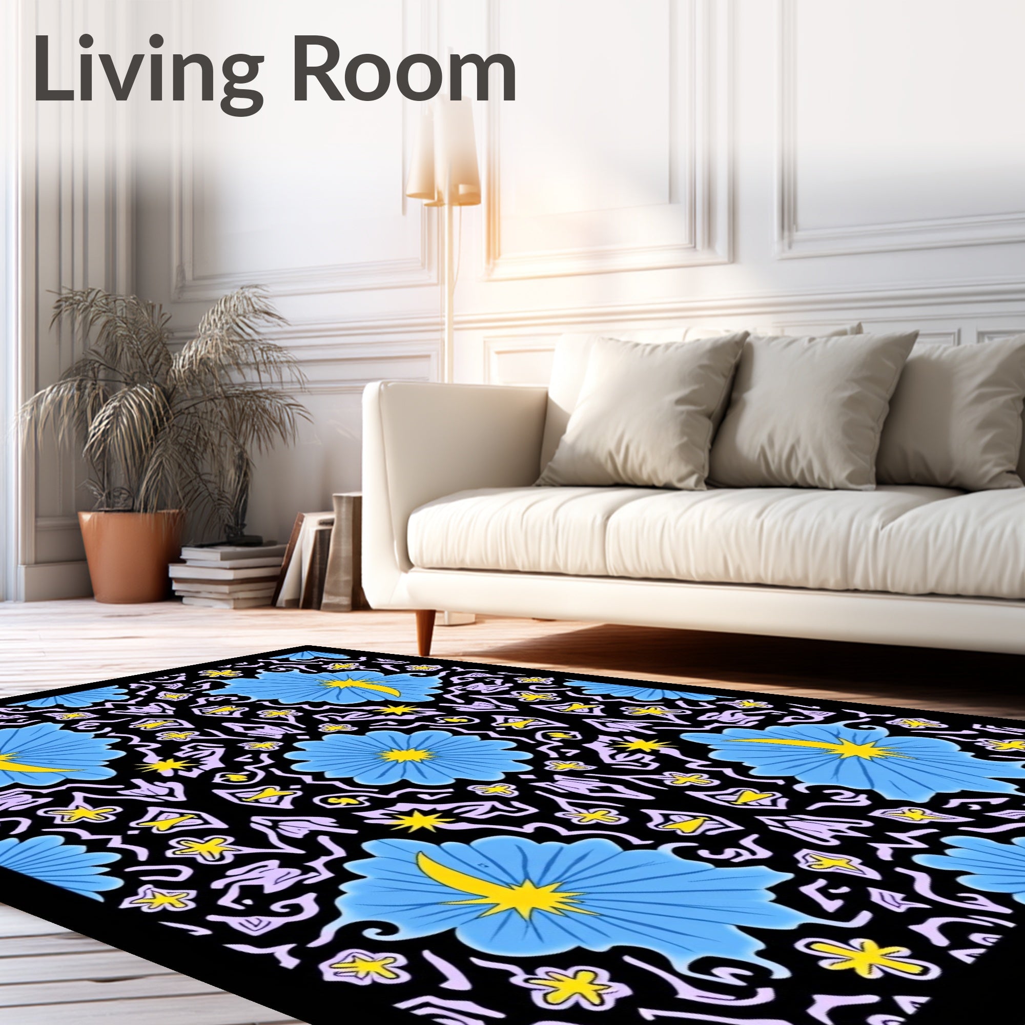 Blue Yellow Floral Black Symmetry Rug