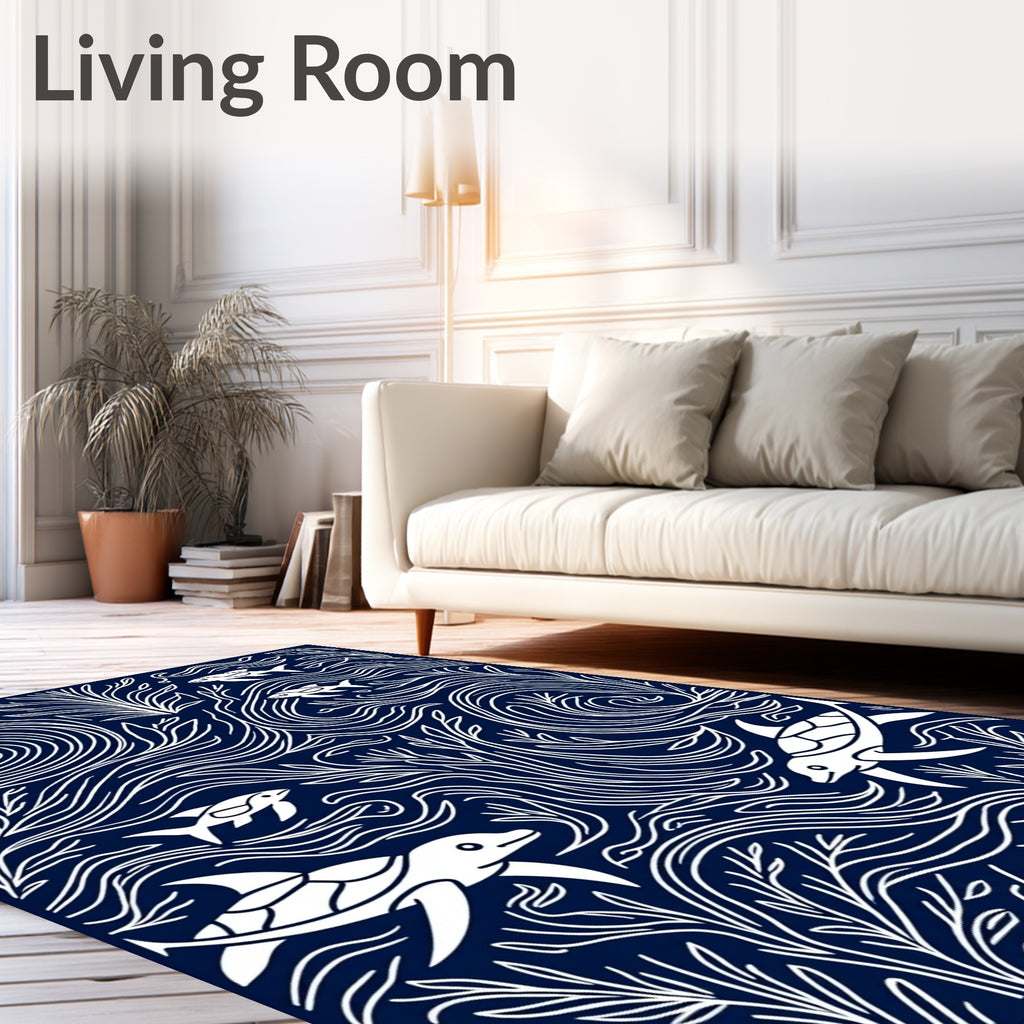 Undersea Life Navy White Whimsical Rug