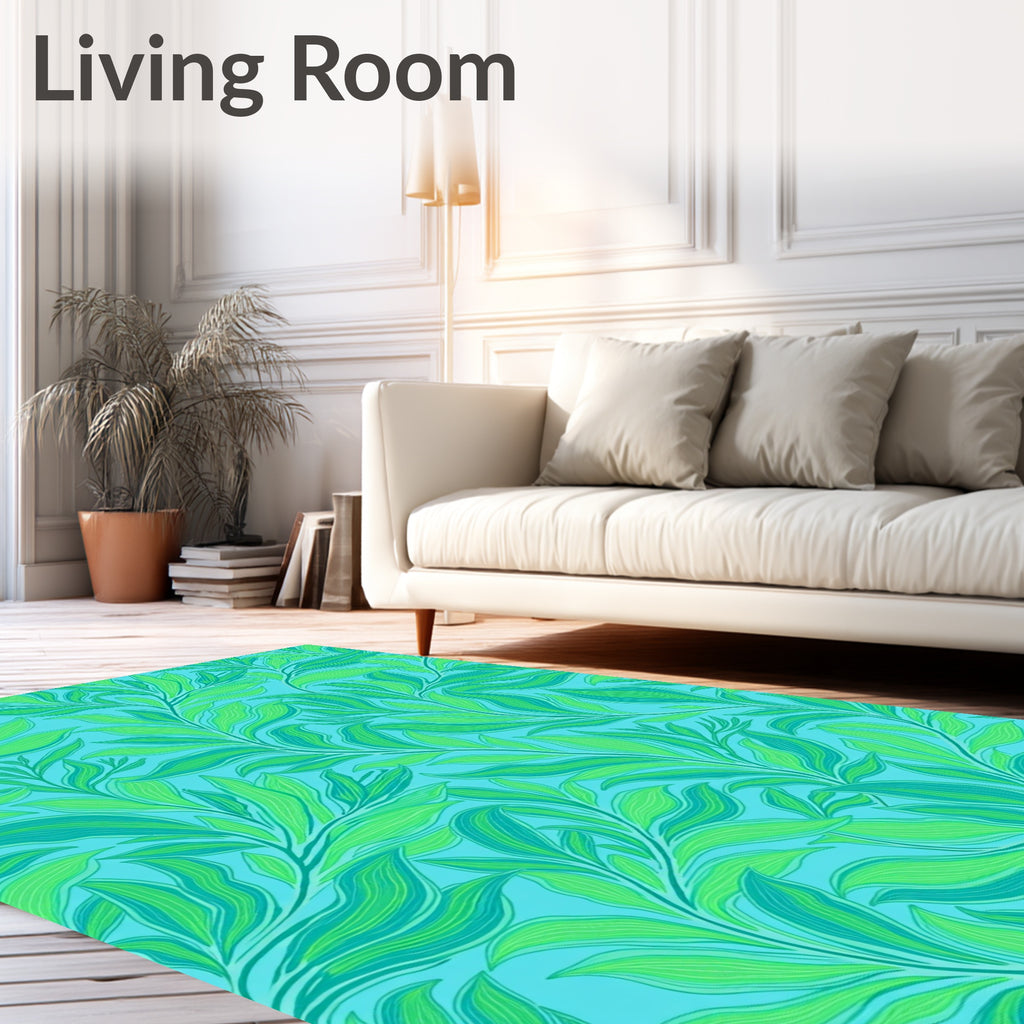 Vibrant Teal Leafy Branch Swirl Rug