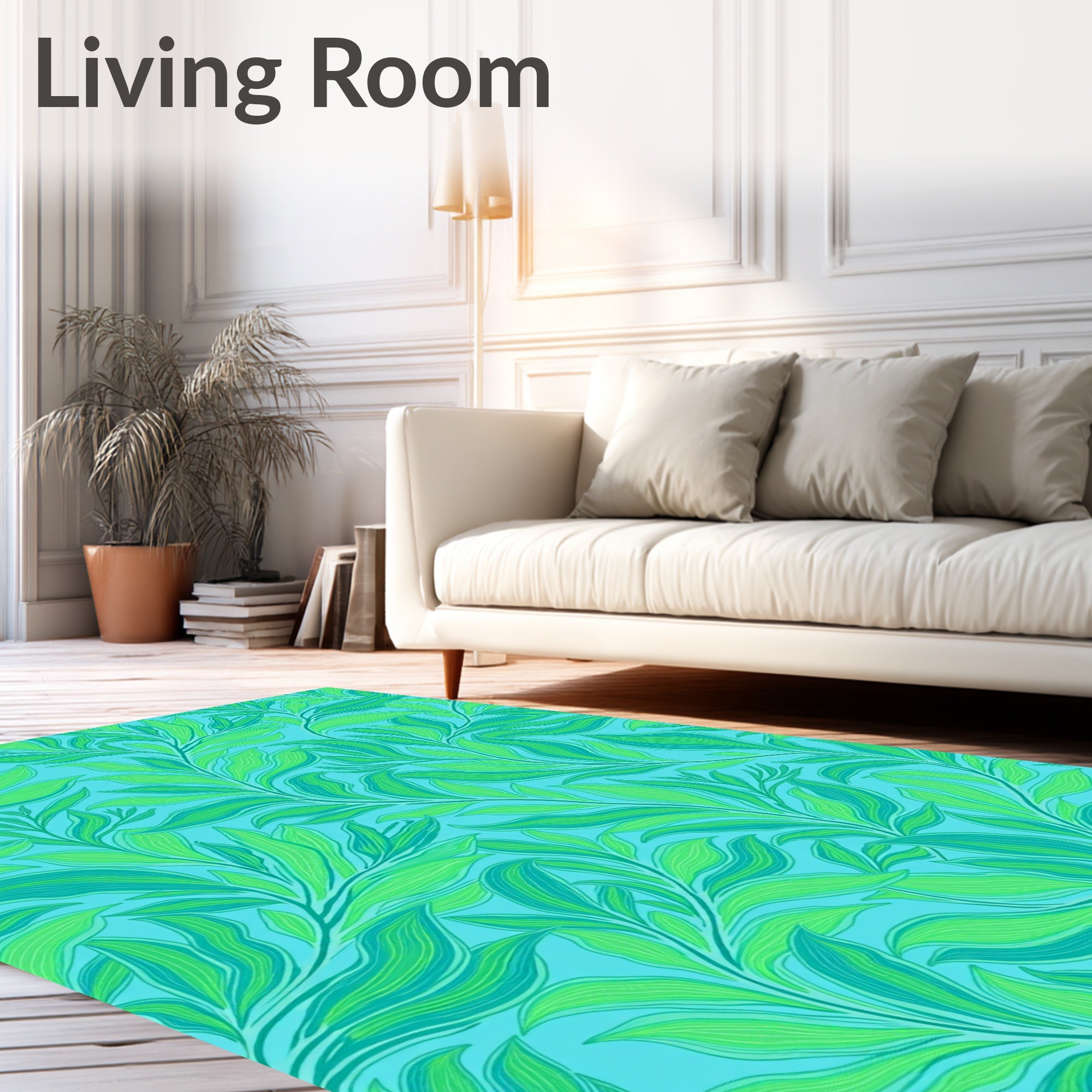 Vibrant Teal Leafy Branch Swirl Rug