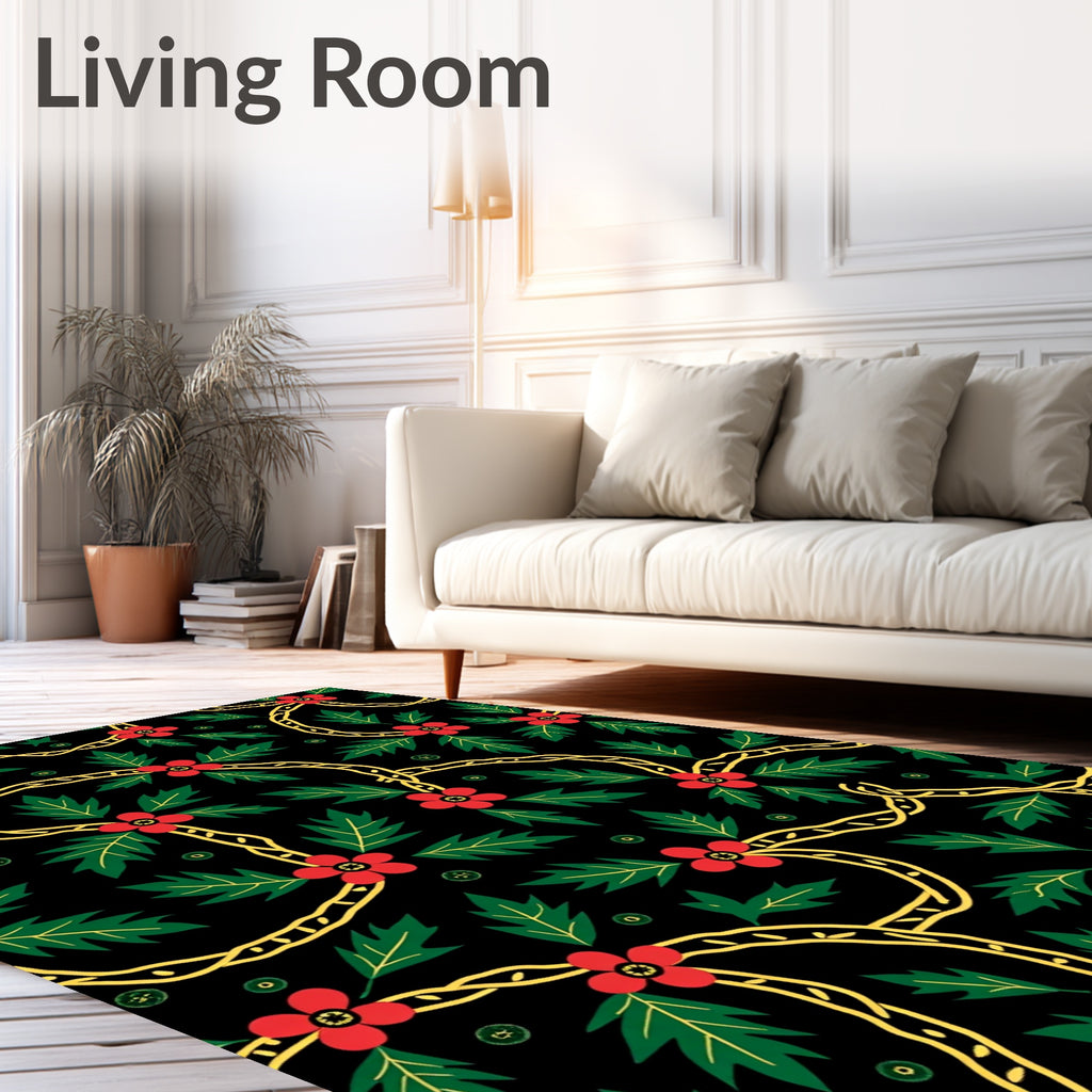 Red Floral Vine Black Background Rug