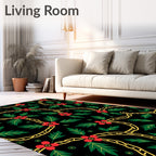 Red Floral Vine Black Background Rug