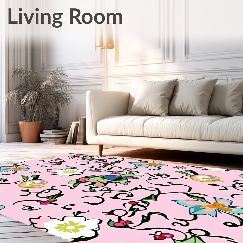 Whimsical Pink Floral Vine Swirl Rug