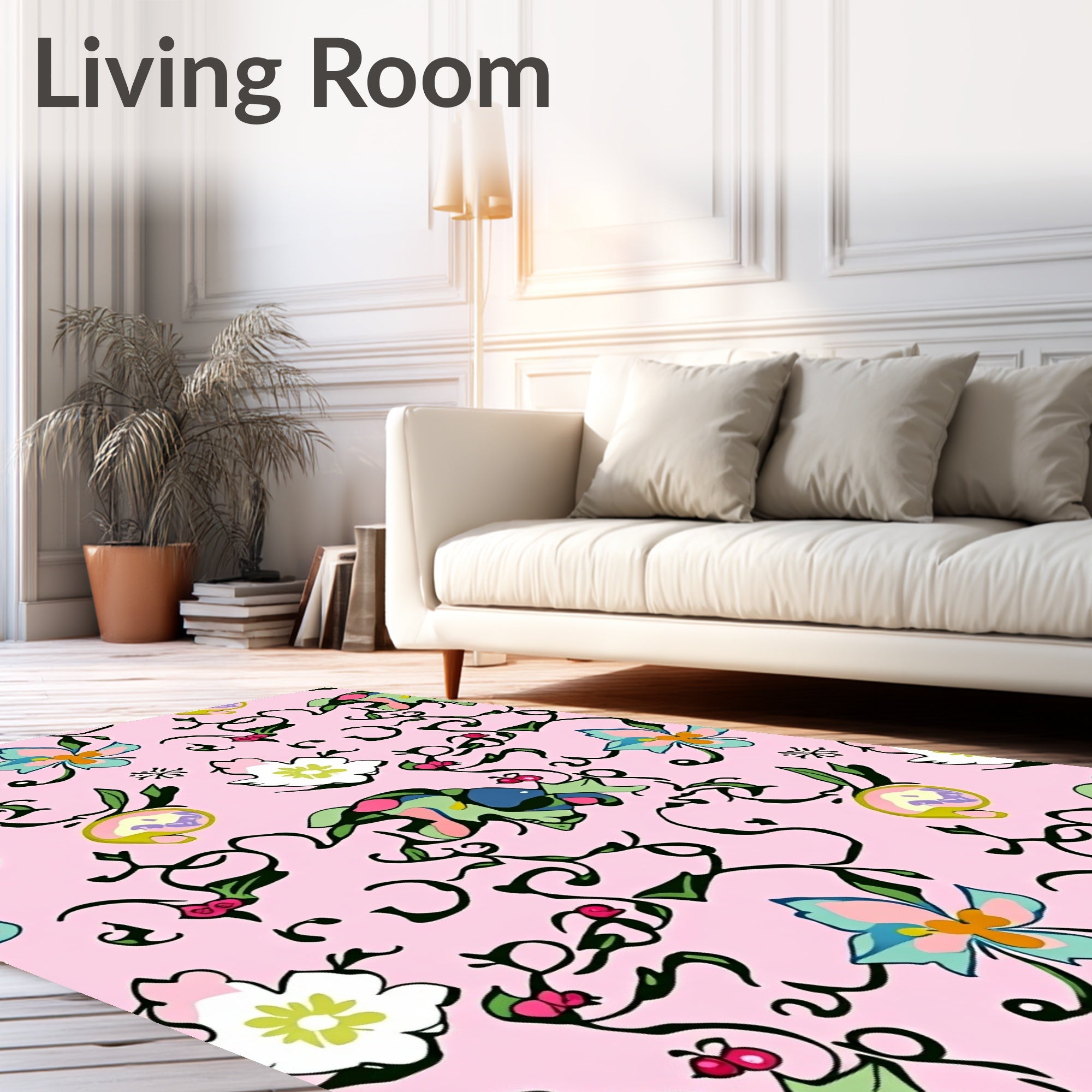 Whimsical Pink Floral Vine Swirl Rug