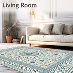 Ornate Blue Floral Medallion Cream Rug