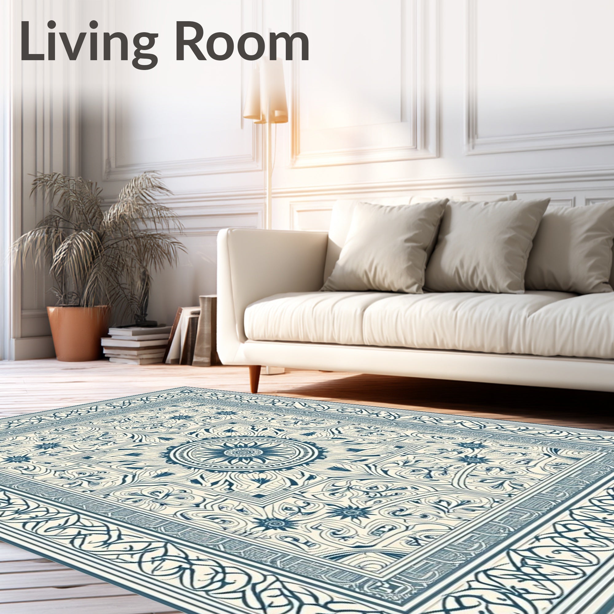Ornate Blue Floral Medallion Cream Rug