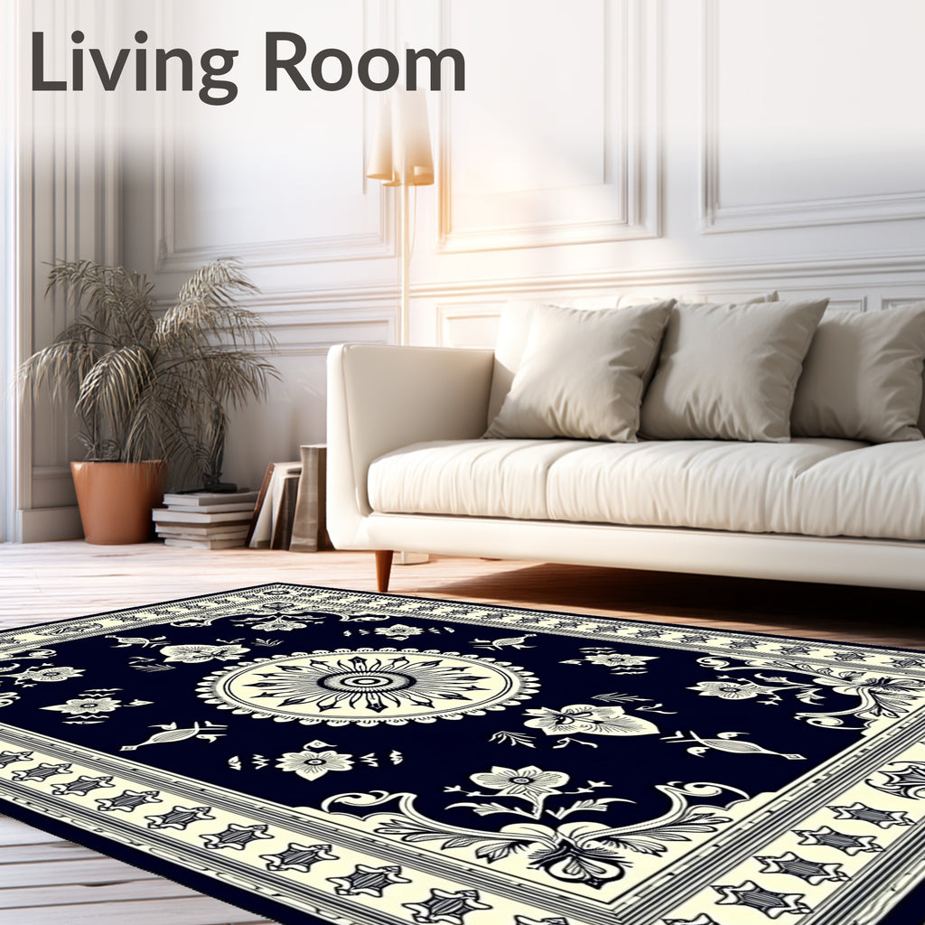 Dark Navy Cream Floral Medallion Border Rug