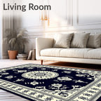 Dark Navy Cream Floral Medallion Border Rug