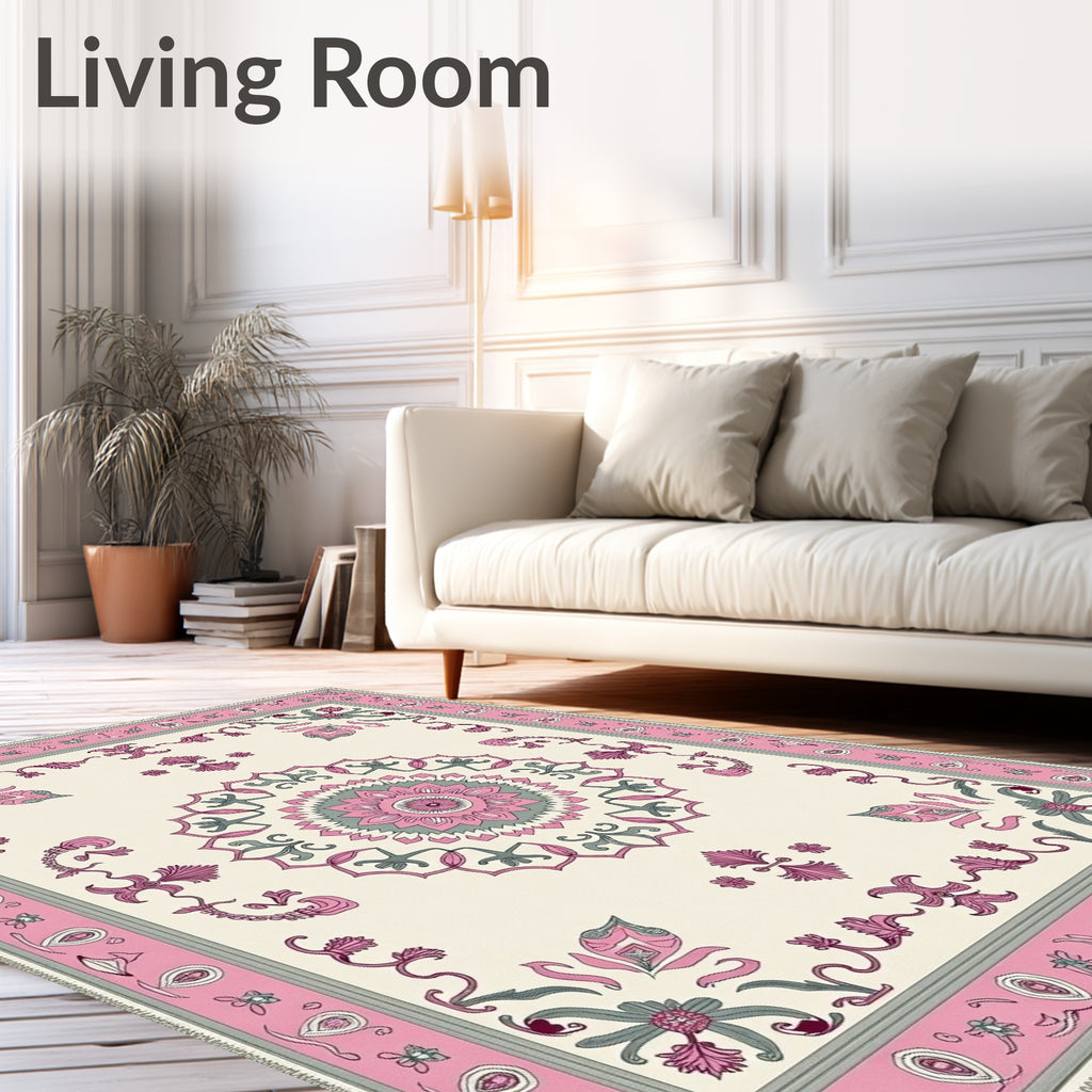 Pink Gray Cream Floral Medallion Border Rug