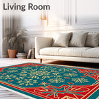 Teal Red Gold Snowflake Medallion Rug