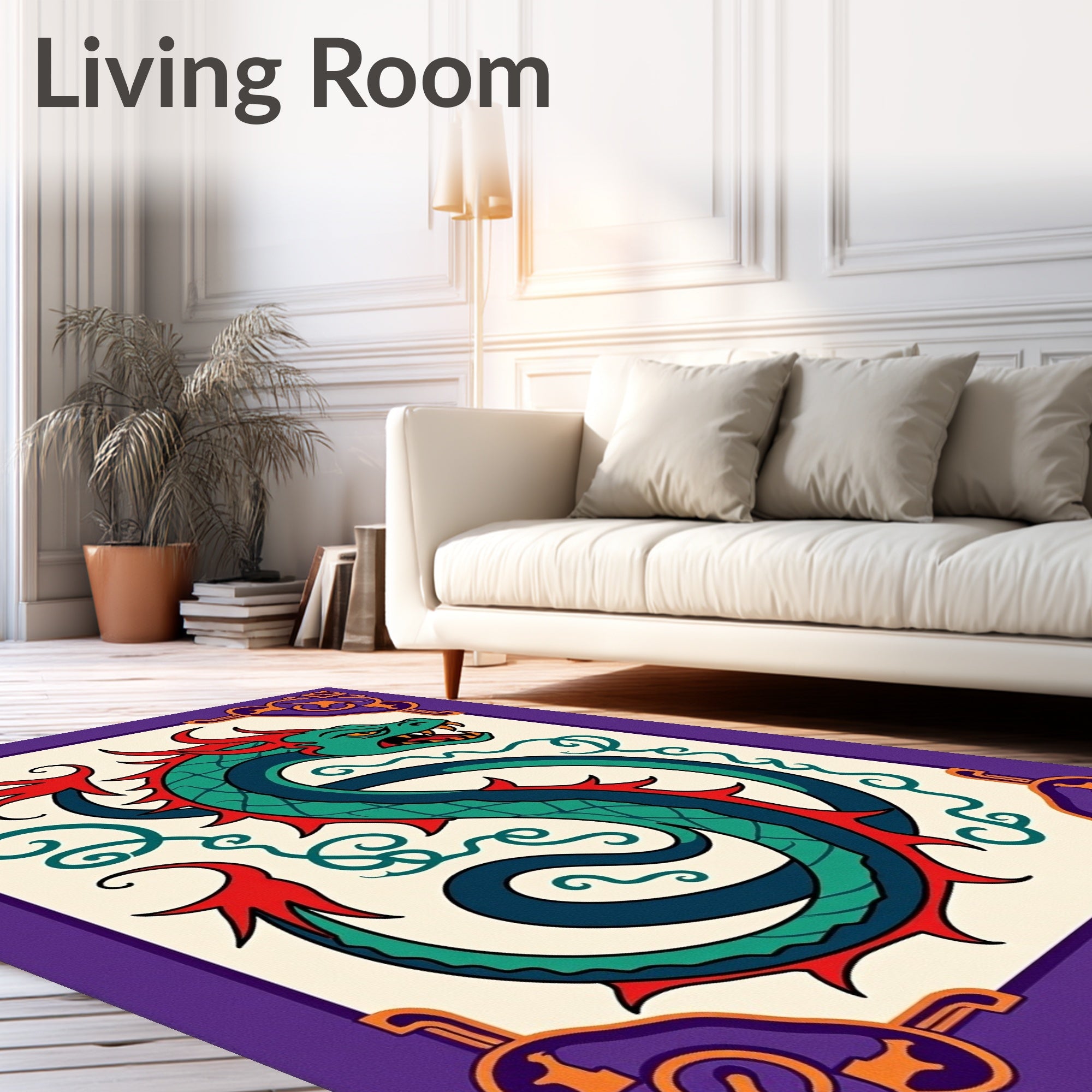 Vibrant Green Dragon Purple Border Accent Rug