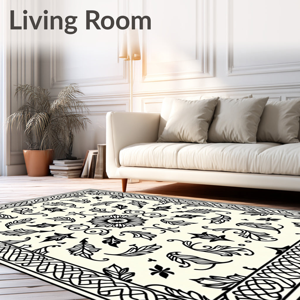 Ornate Black Ivory Scrollwork Medallion Rug