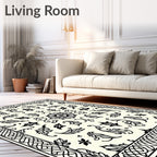 Ornate Black Ivory Scrollwork Medallion Rug