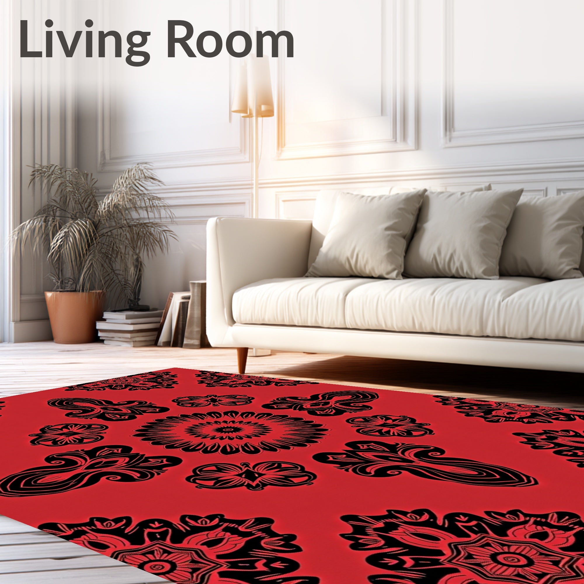 Bright Red Black Ornamental Mandala Rug