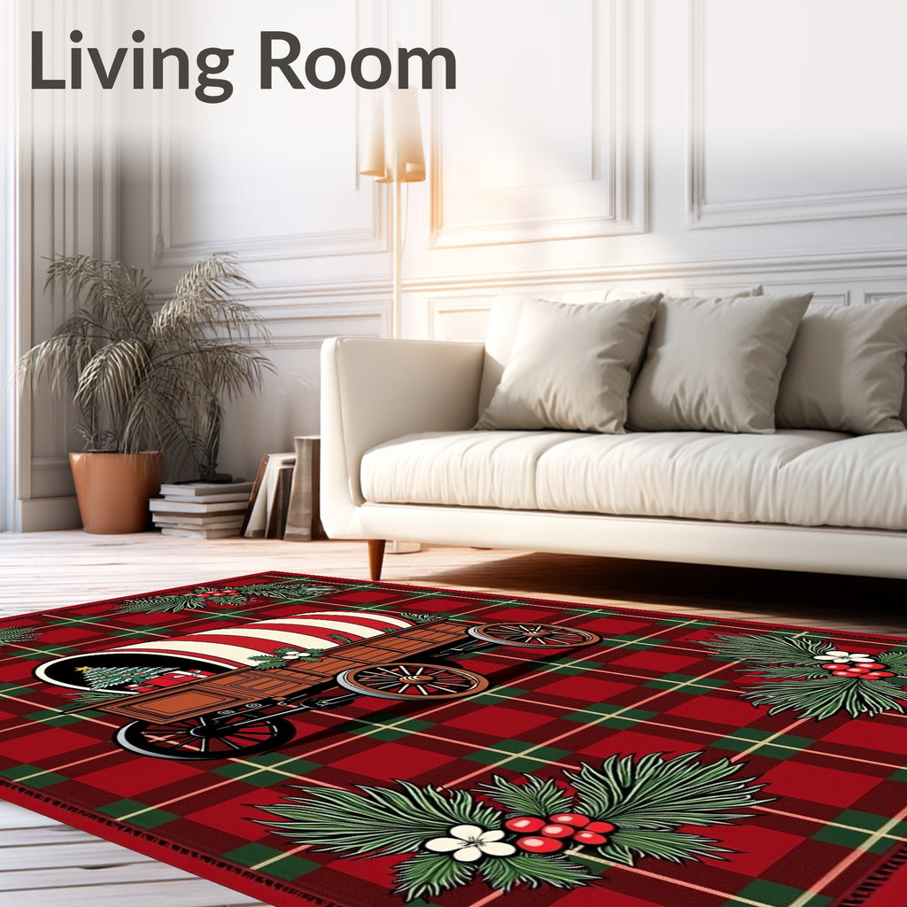 Christmas Wagons on Red Plaid Rug