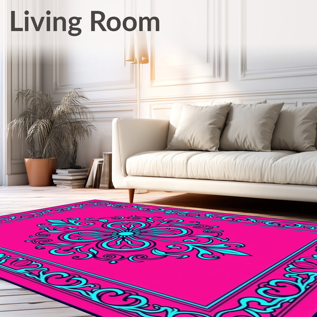 Vibrant Pink Teal Central Floral Rug