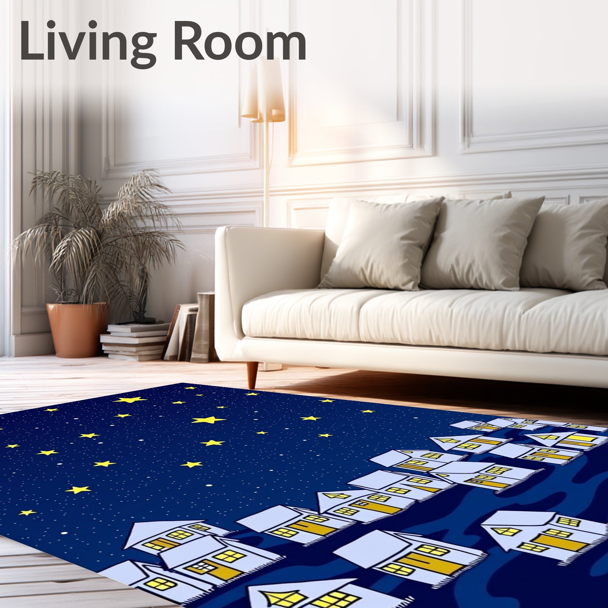 Charming Yellow Stars Night Village Rug