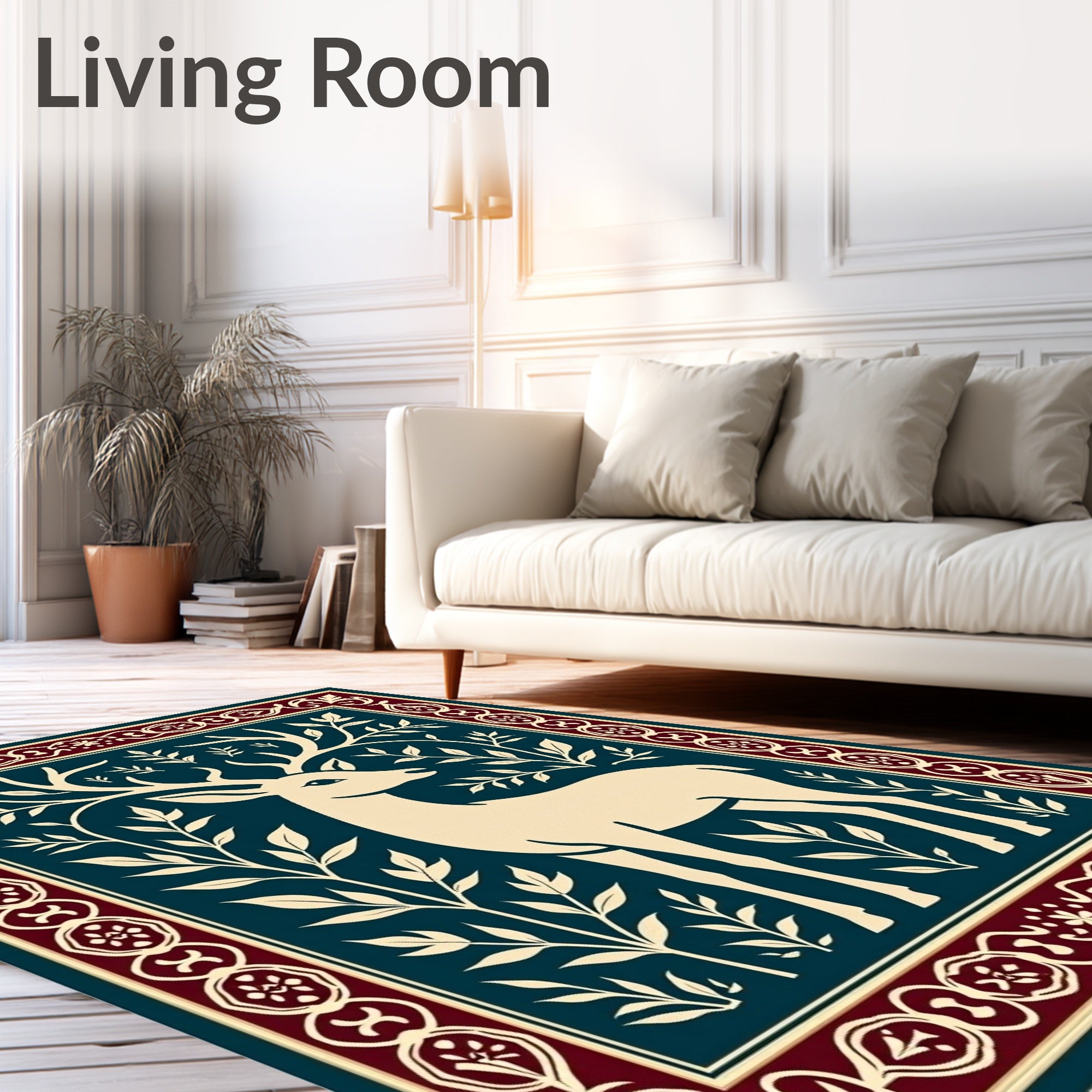 Cream Deer With Burgundy Floral Border Rug