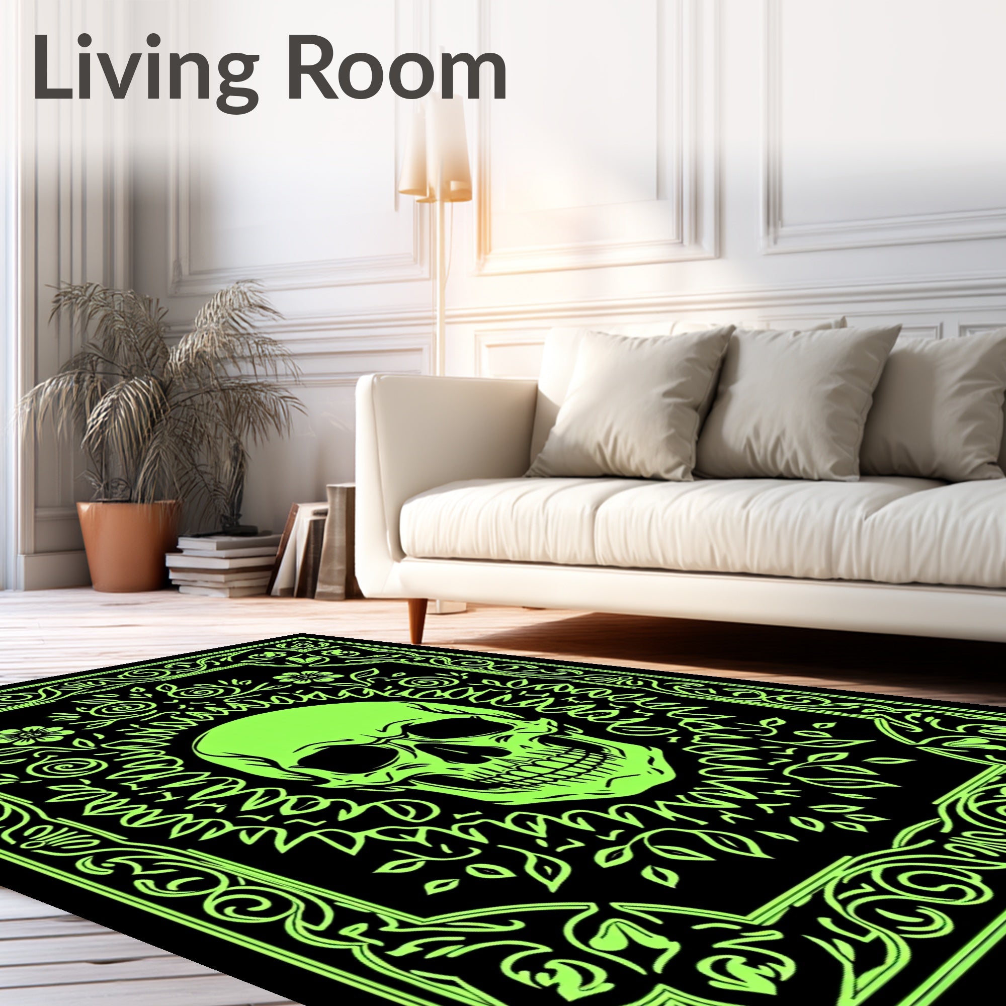 Glow In Dark Skull Floral Border Rug