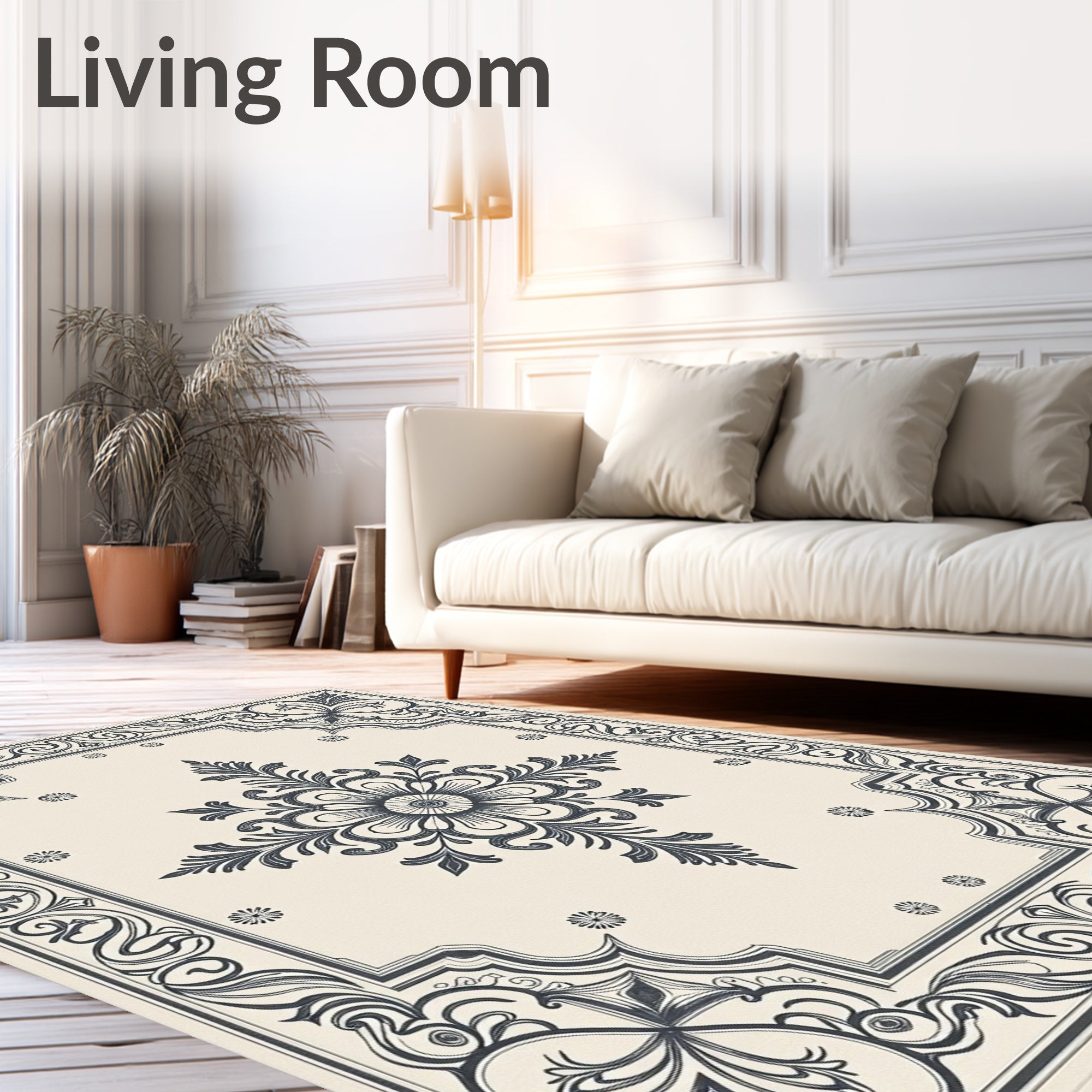 Elegant Cream Charcoal Floral Medallion Rug