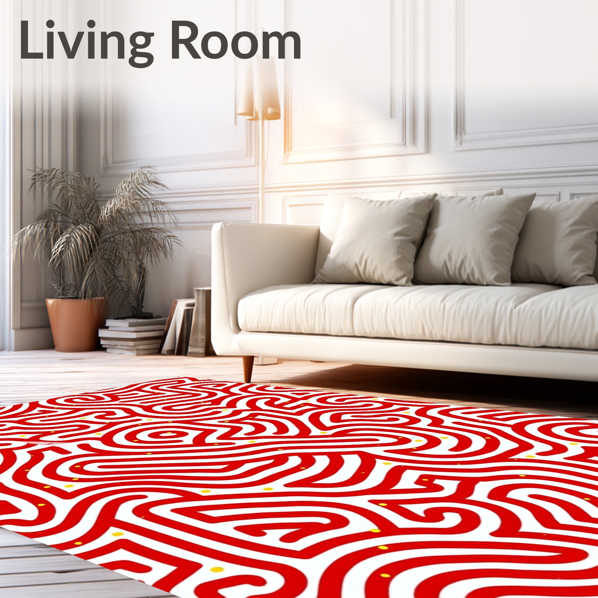 Red White Maze With Yellow Dots Rug