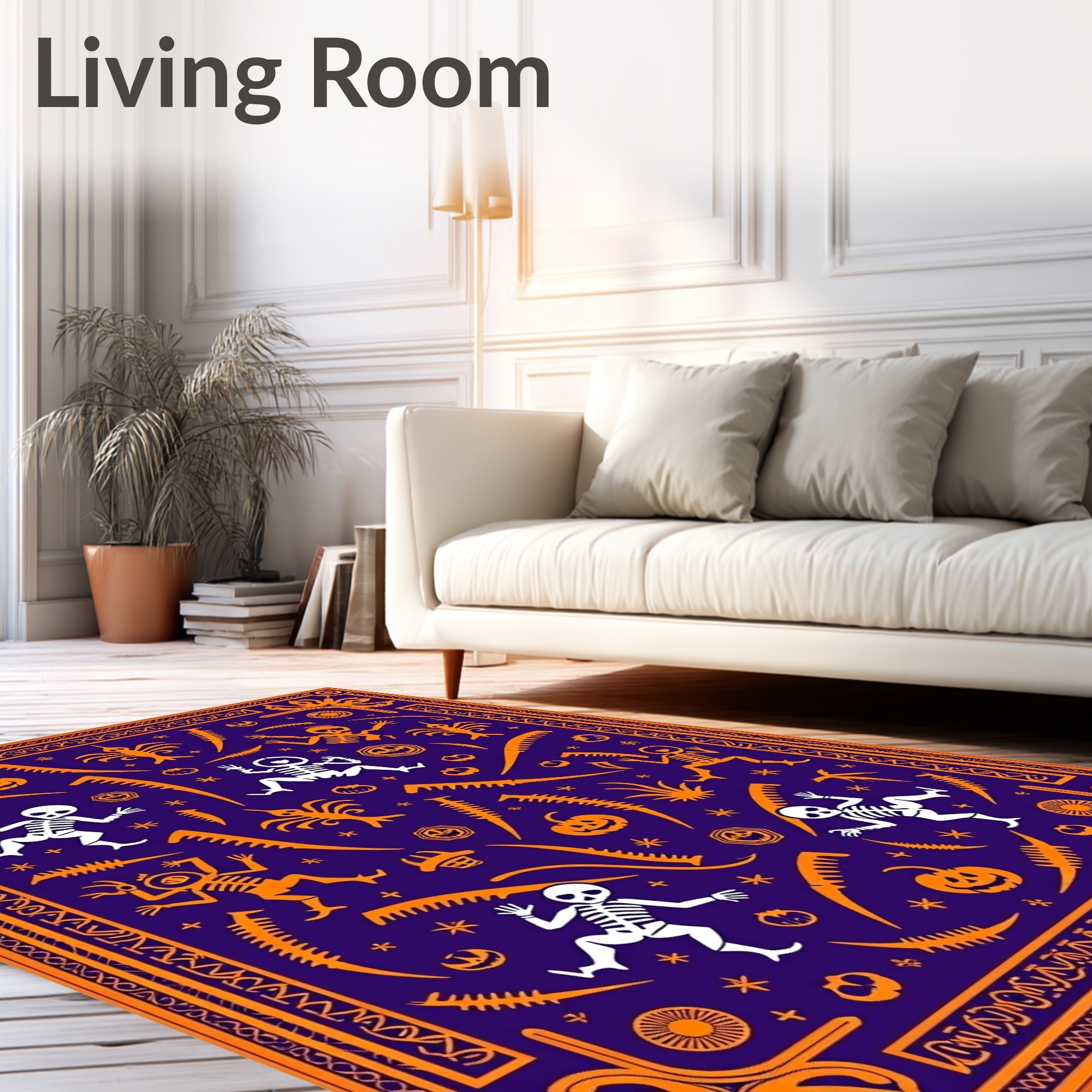 Orange Halloween Skeleton Pumpkin Border Rug