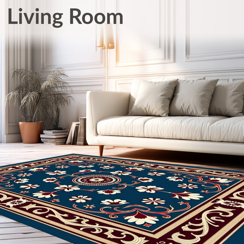 Antique Blue Cream Red Floral Medallion Rug