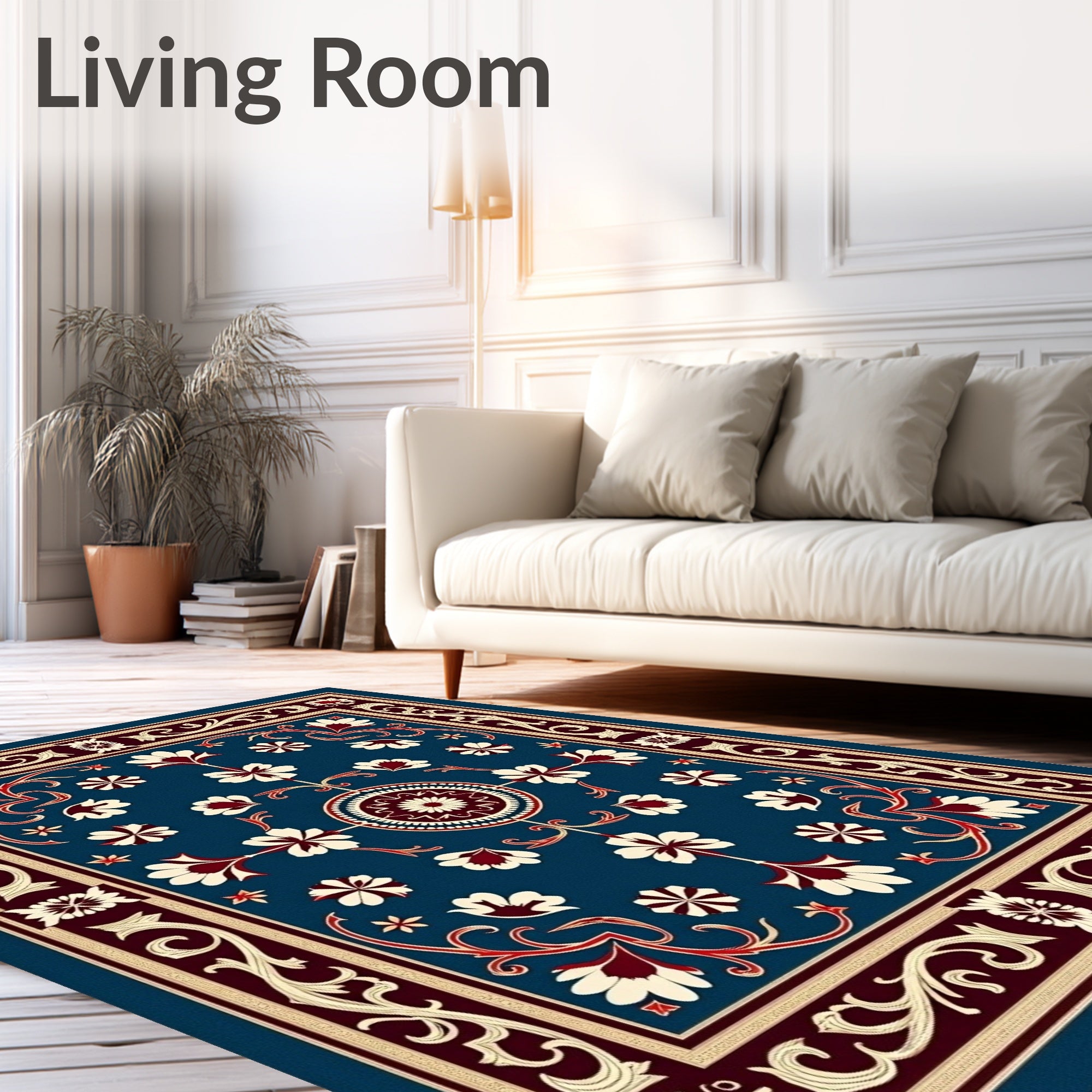 Antique Blue Cream Red Floral Medallion Rug