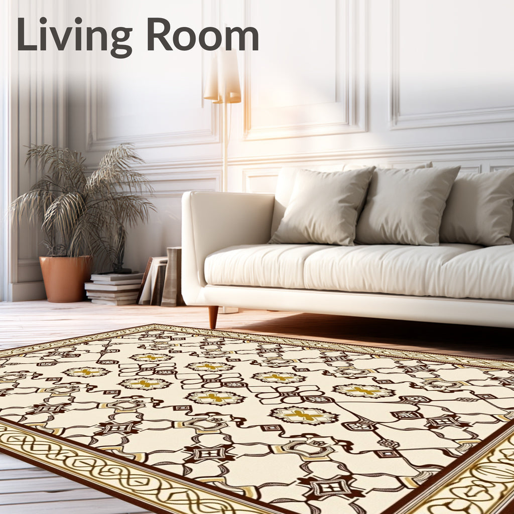Cream Brown Medallion Geometric Border Rug