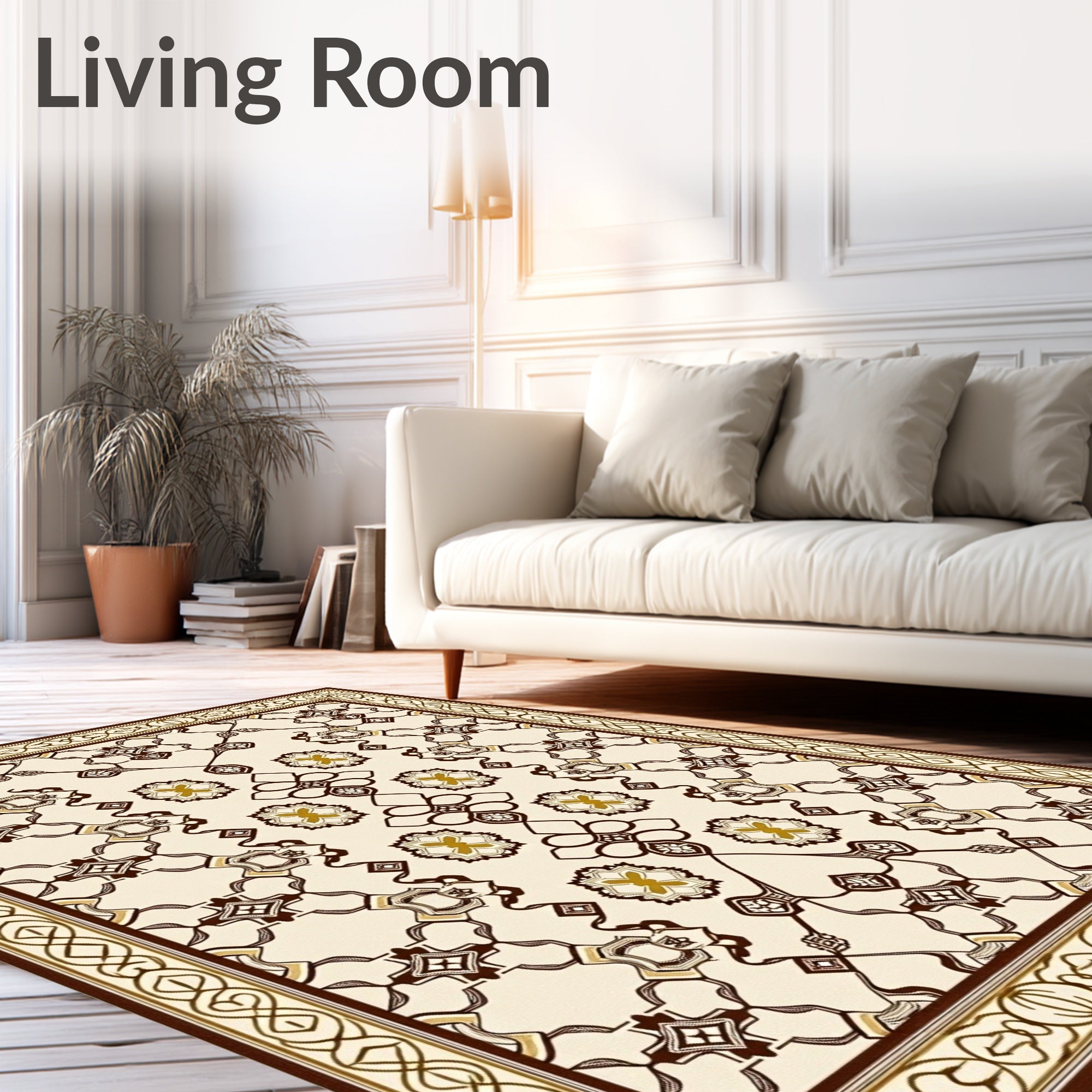 Cream Brown Medallion Geometric Border Rug
