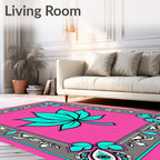 Vibrant Pink Teal Lotus Floral Frame Rug