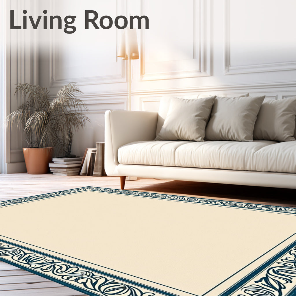 Classic Navy Floral Bordered Cream Rug