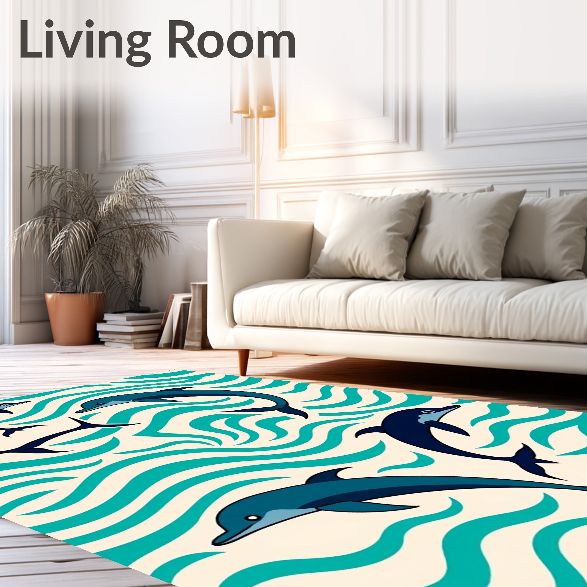 Navy Blue Dolphins Ocean Waves Rug