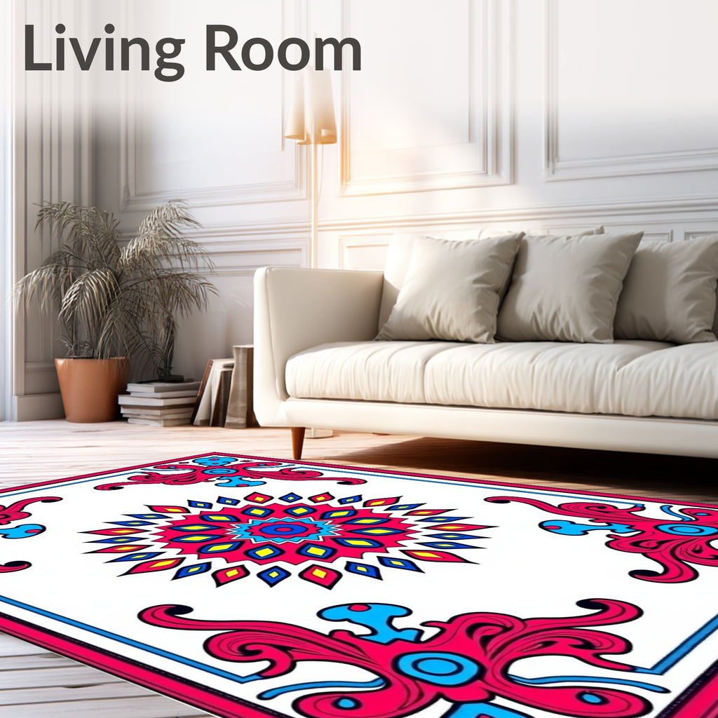 Vibrant Magenta Blue Sunburst Medallion Rug