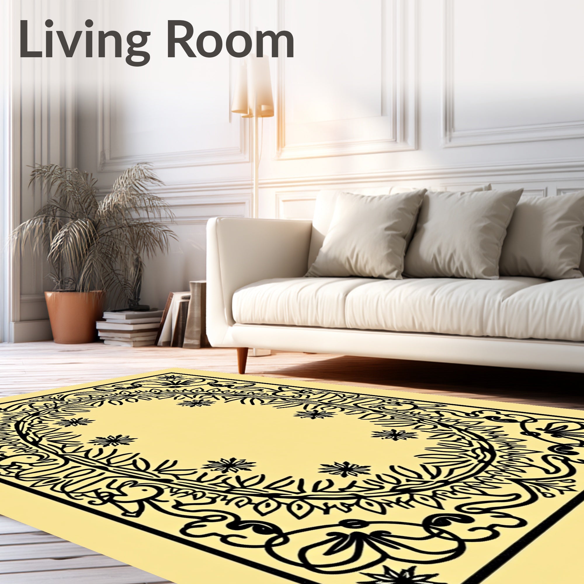 Ornate Black Floral Laurel Border Rug