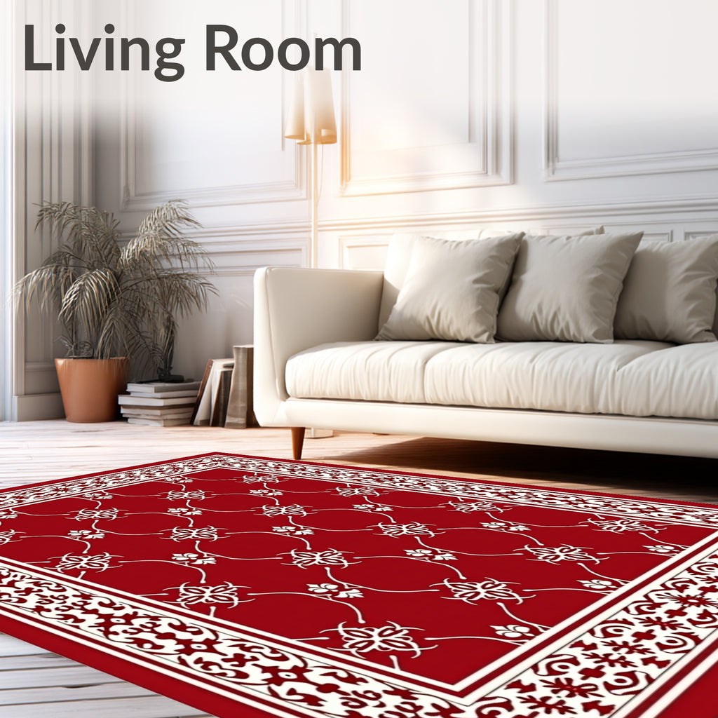 Rich Crimson White Floral Lattice Rug