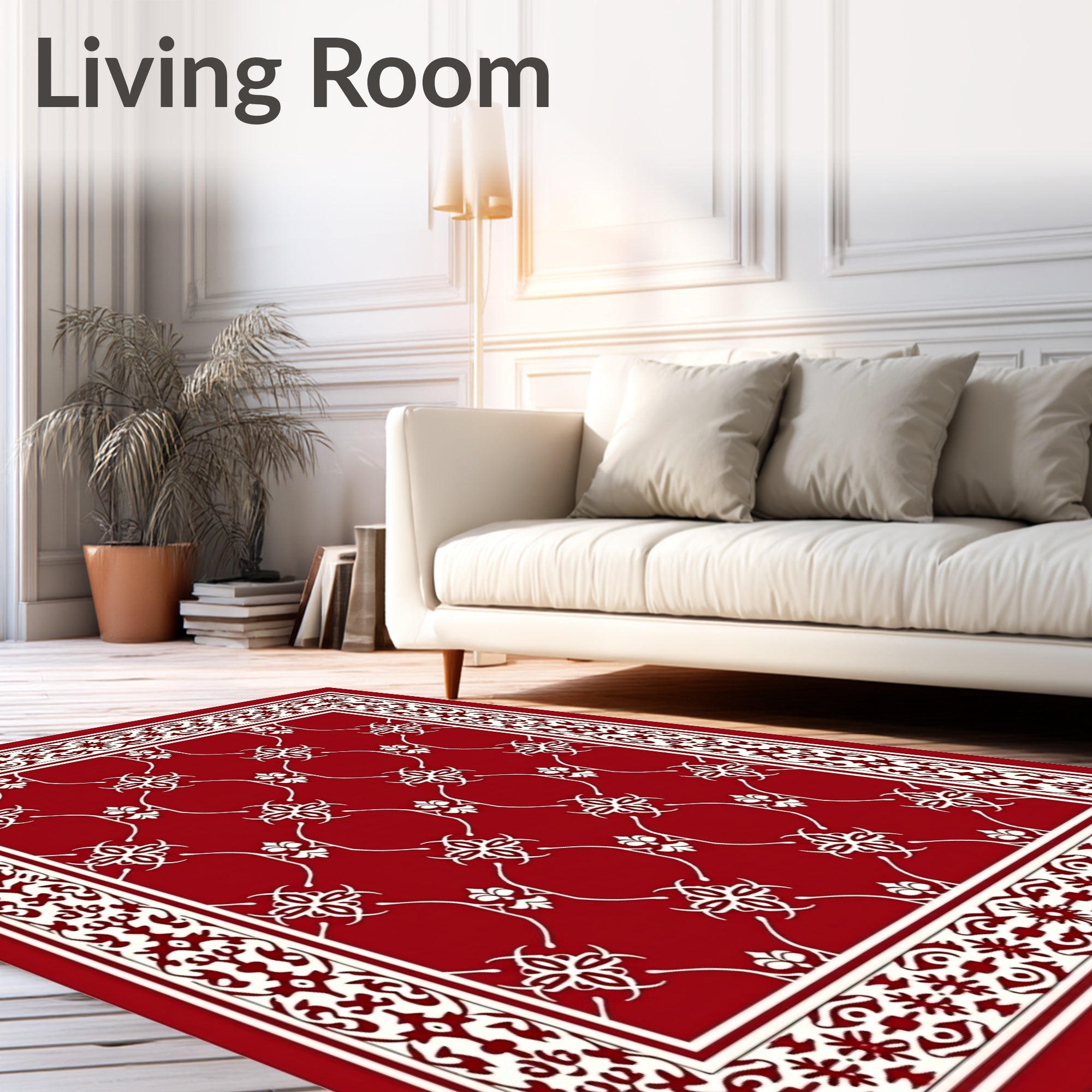 Rich Crimson White Floral Lattice Rug