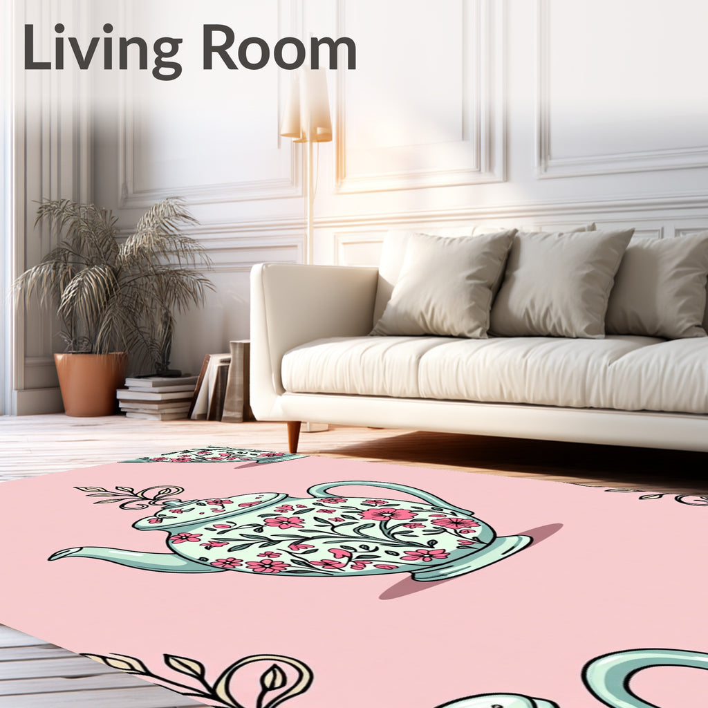 Pale Teal Floral Teapot Botanical Rug