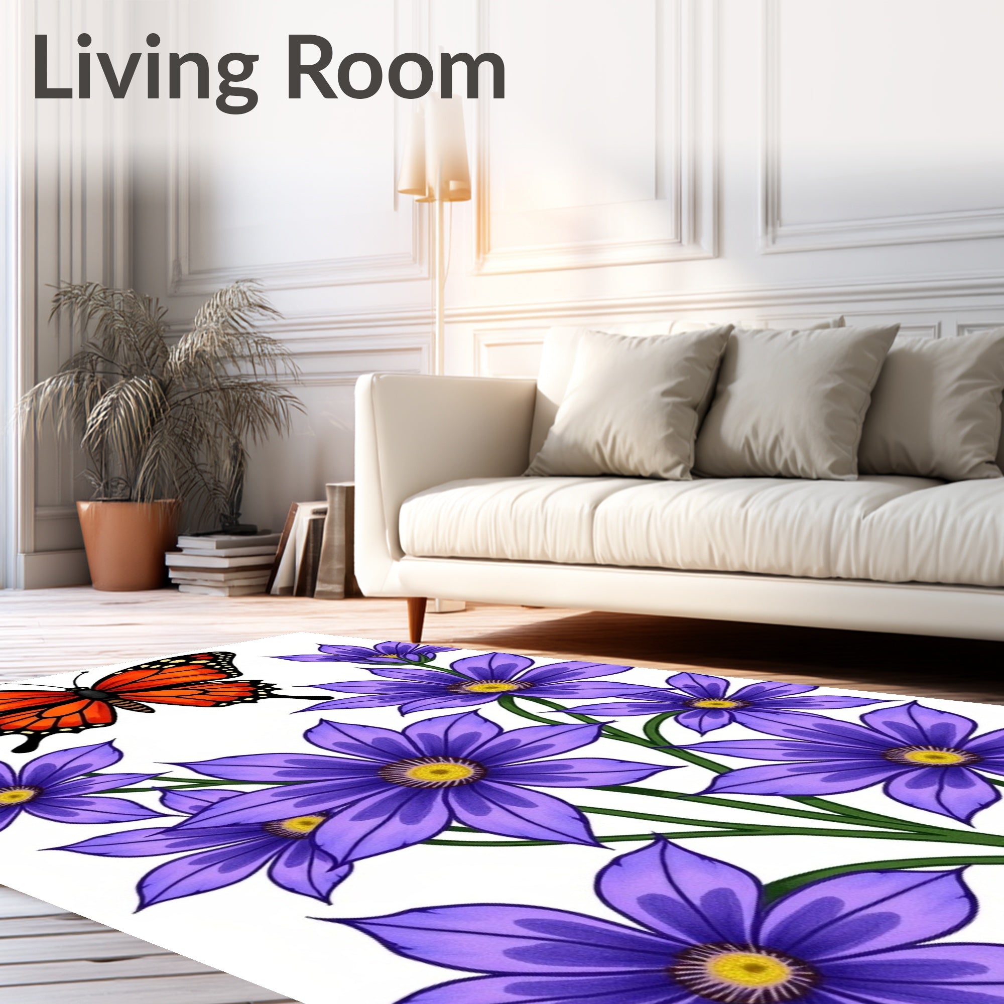 Vibrant Orange Butterfly Purple Flowers Rug