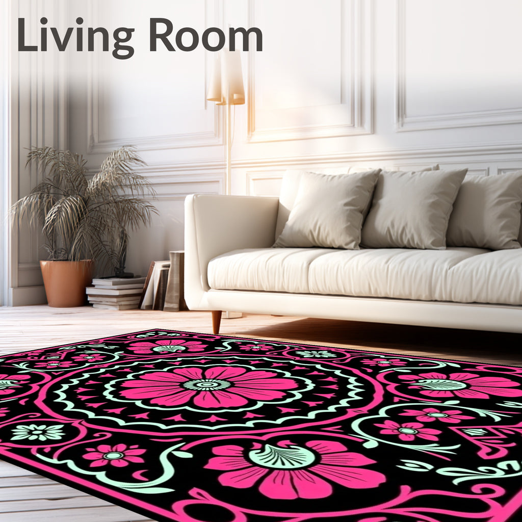Vibrant Pink Floral Mandala Black Rug