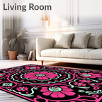 Vibrant Pink Floral Mandala Black Rug