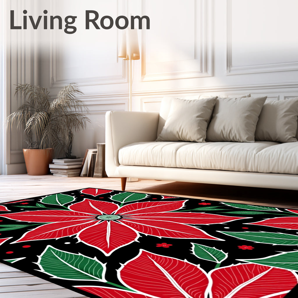 Bold Red Poinsettia Floral Black Rug