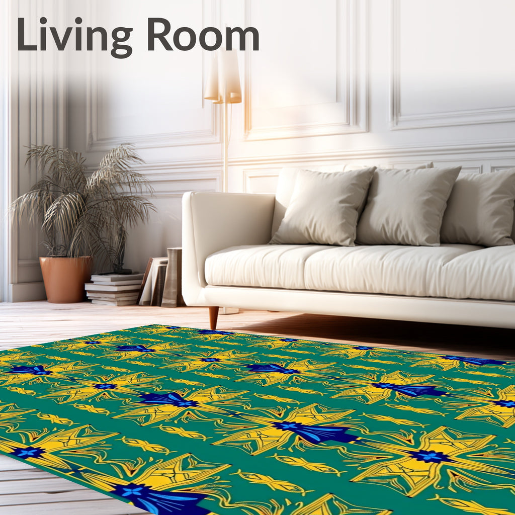 Deep Teal Yellow Blue Floral Symmetry Rug